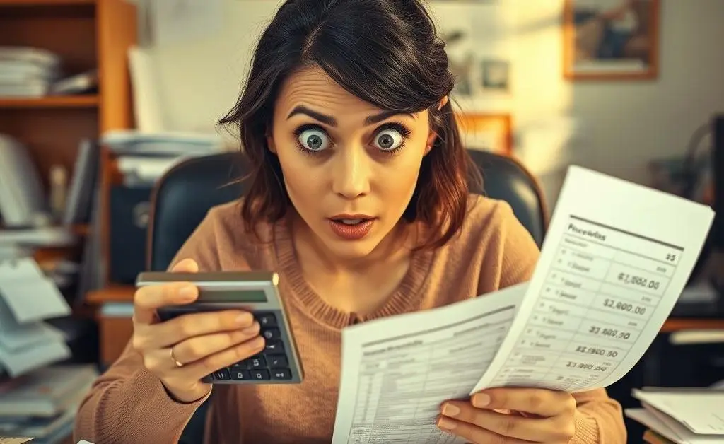 The same woman with eyes wide open, calculator in hand, looking at a list of purchases