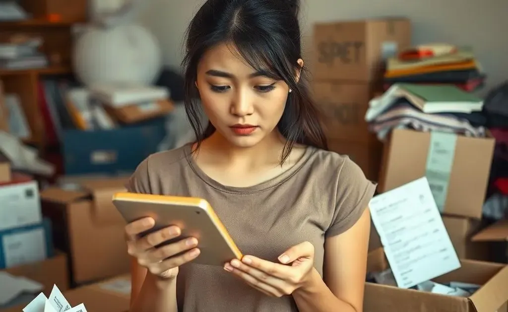 Mia holding a calculator, surrounded by boxes of purchases