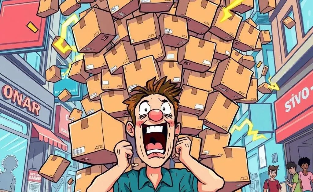 A cartoon image of a man struggling under an avalanche of delivery boxes