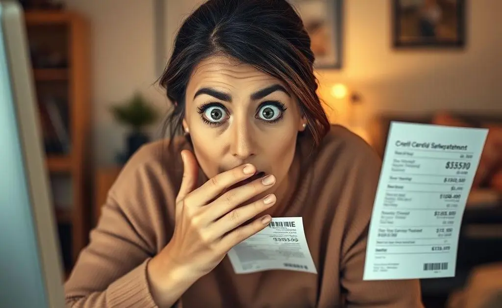 The woman looks startled as she sees her credit card statement