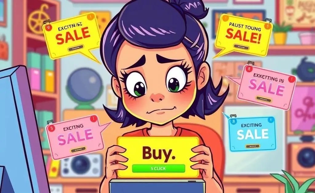 Mia hesitates to click 'purchase' while receiving notifications about sales deals