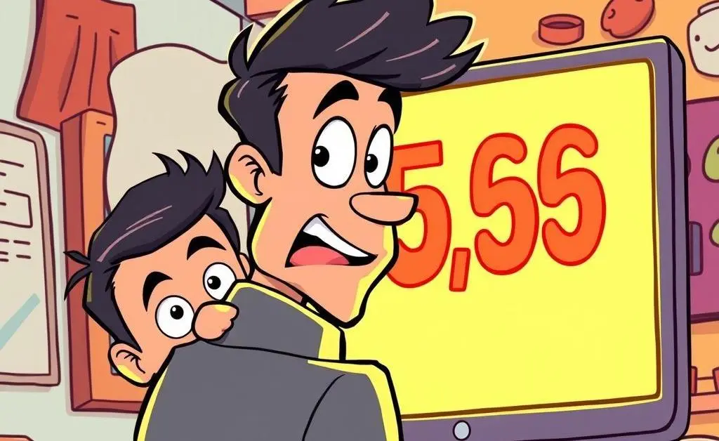 A cartoon of a man peeking over his shoulder and discovering the massive total on Mia’s screen