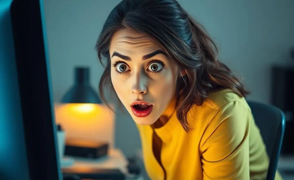 The woman getting surprised by the total amount on her computer screen