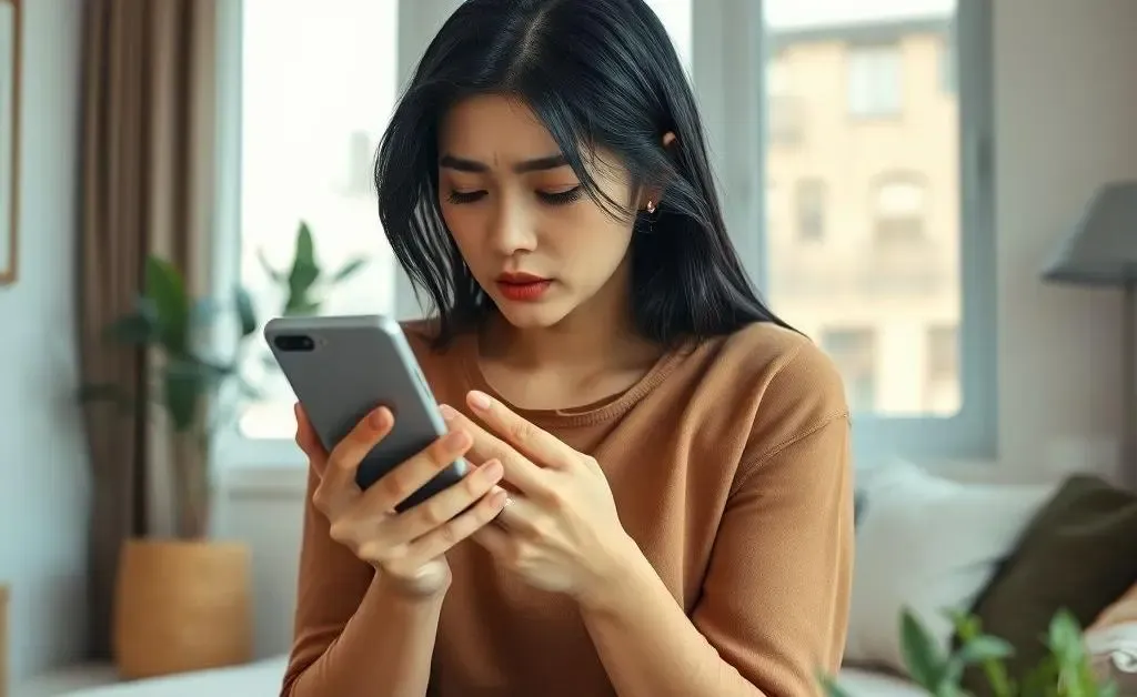 The same woman clutching her phone, receiving an alert about insufficient funds