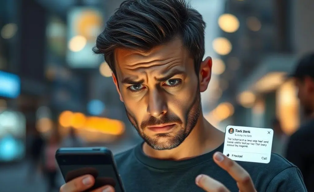 A man looking perplexed as he receives a bank alert on his phone