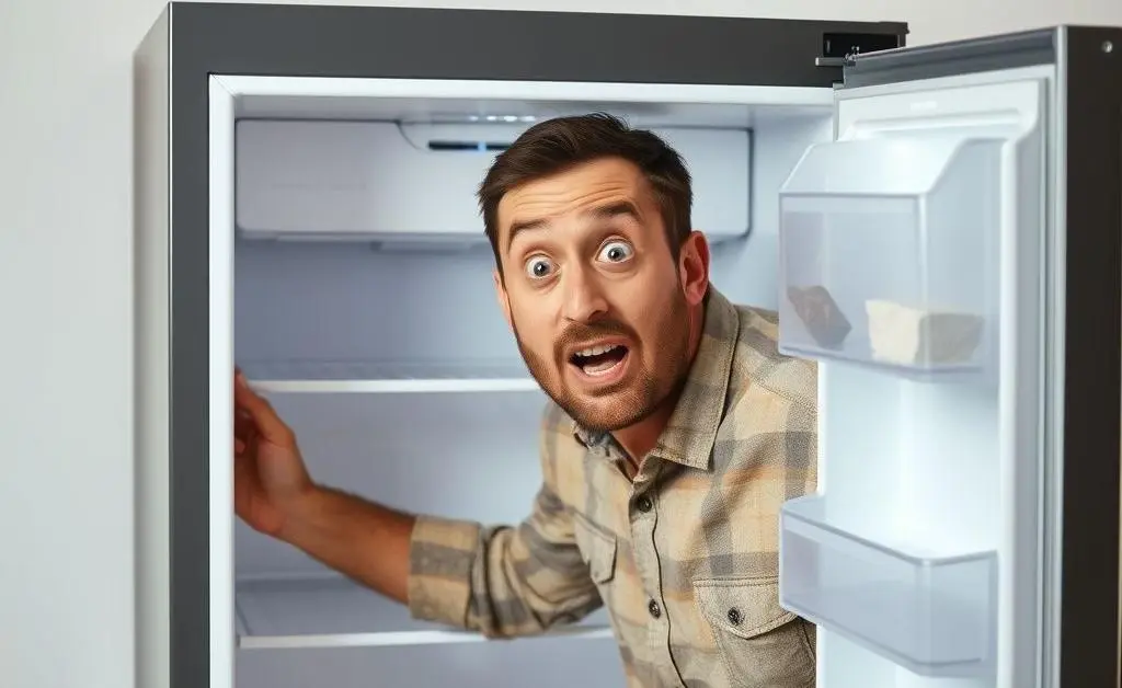 A man opening an empty refrigerator with a surprised expression
