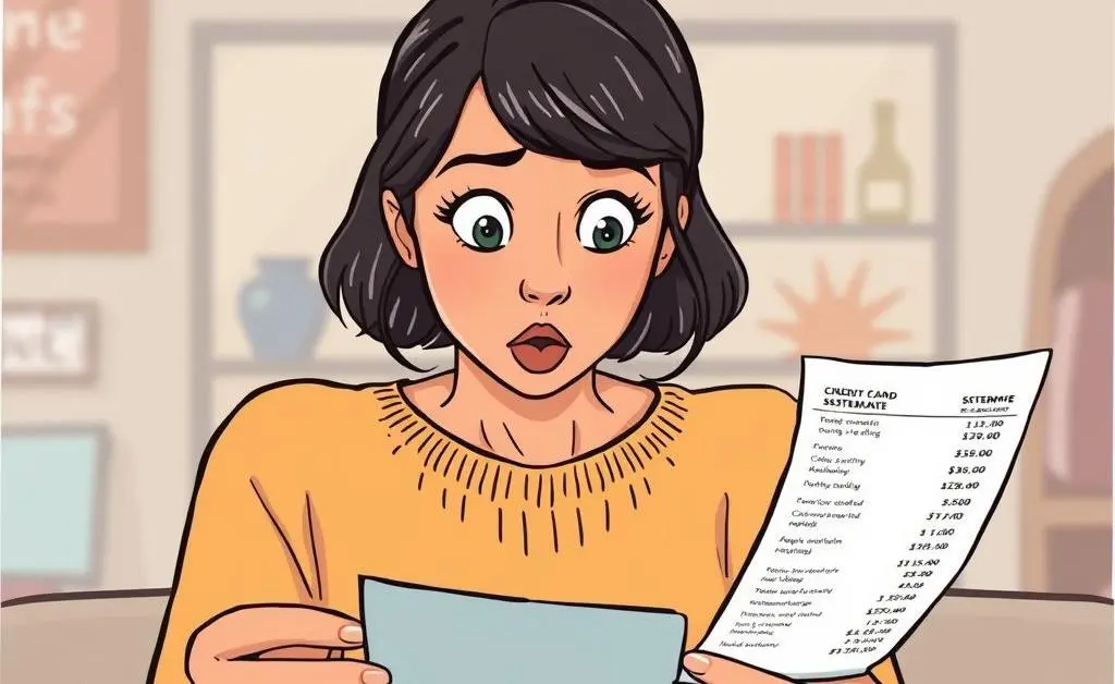 Mia staring at her credit card statement, looking shocked.