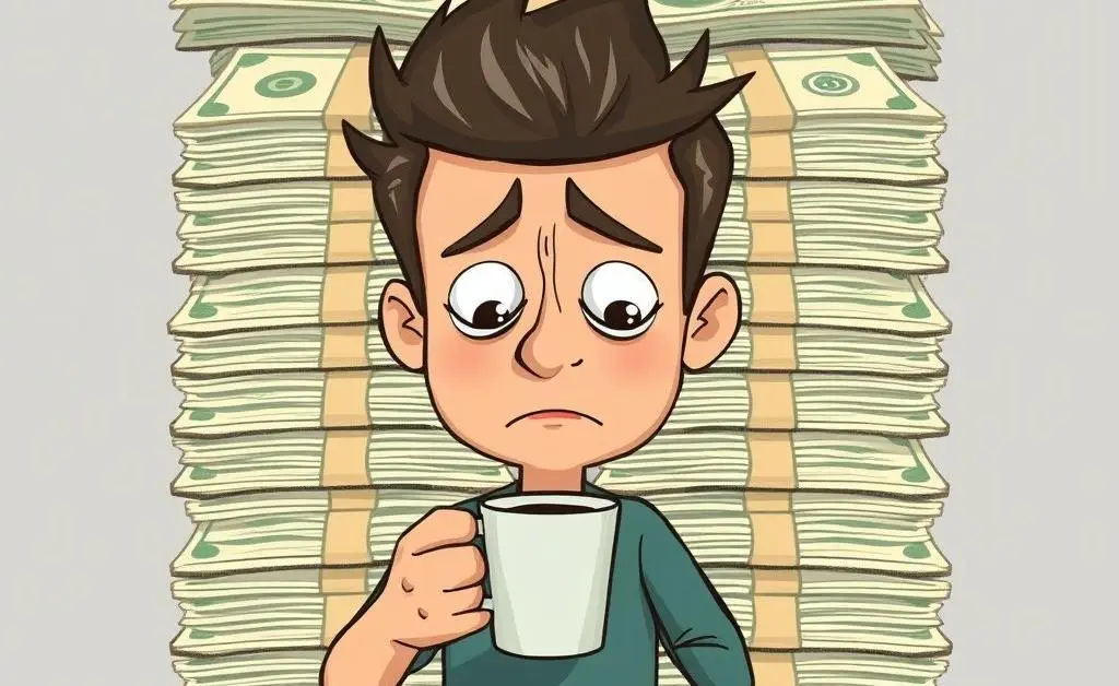 A giant stack of bills taunts a worried Alex, who holds a coffee cup for comfort