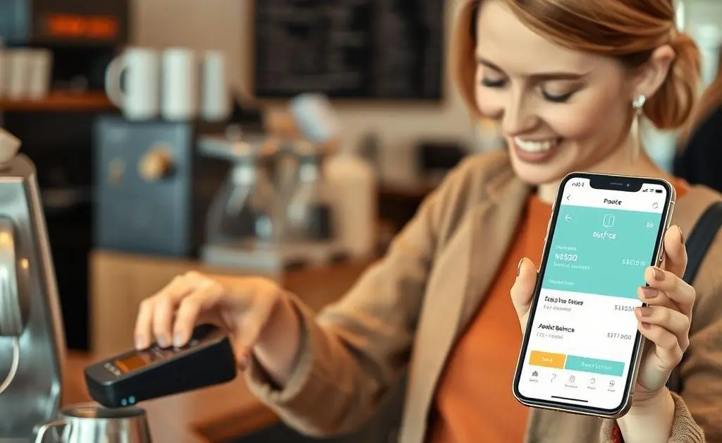 Woman buying coffee, ignoring bank balance alert