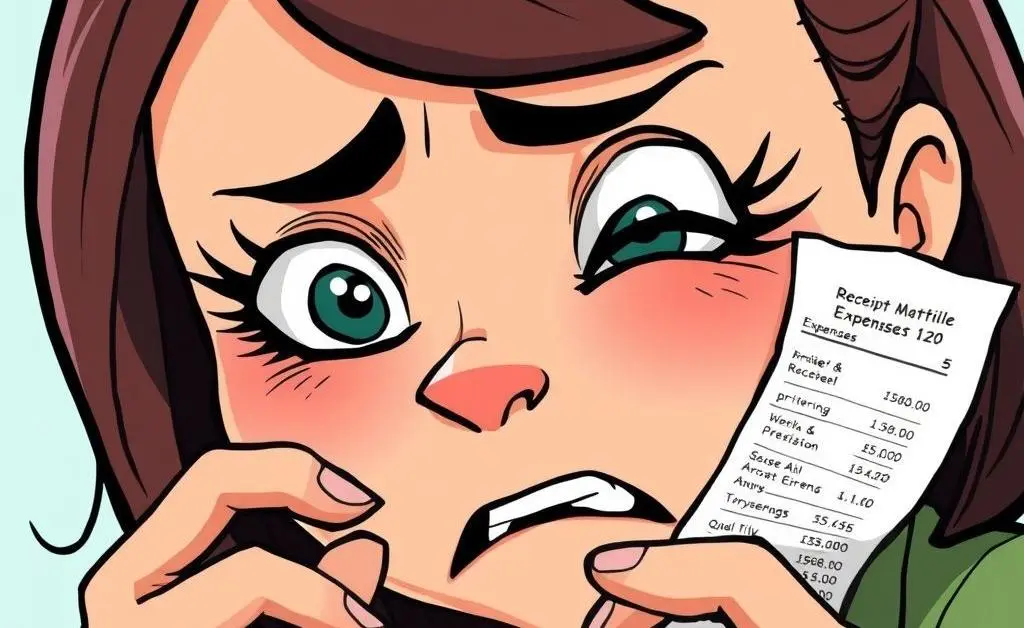 Cartoon woman calculating expenses on a crumpled receipt