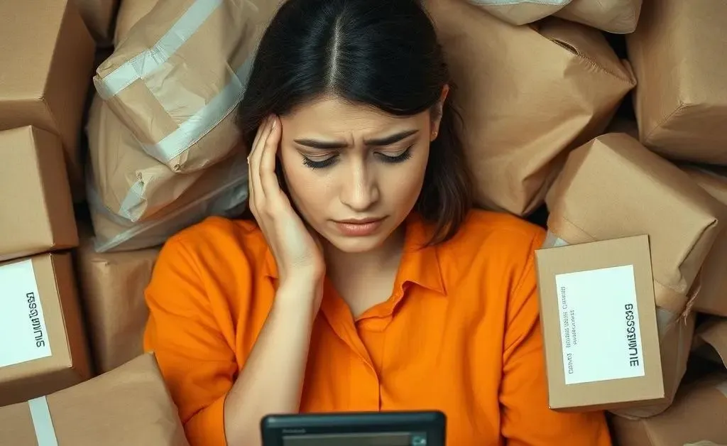 A frustrated woman surrounded by packages and a calculator