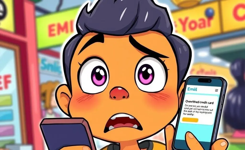 A cartoon character looking shocked as they receive an email about their maxed-out credit card.