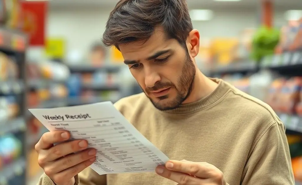A man examining a weekly grocery receipt with disbelief