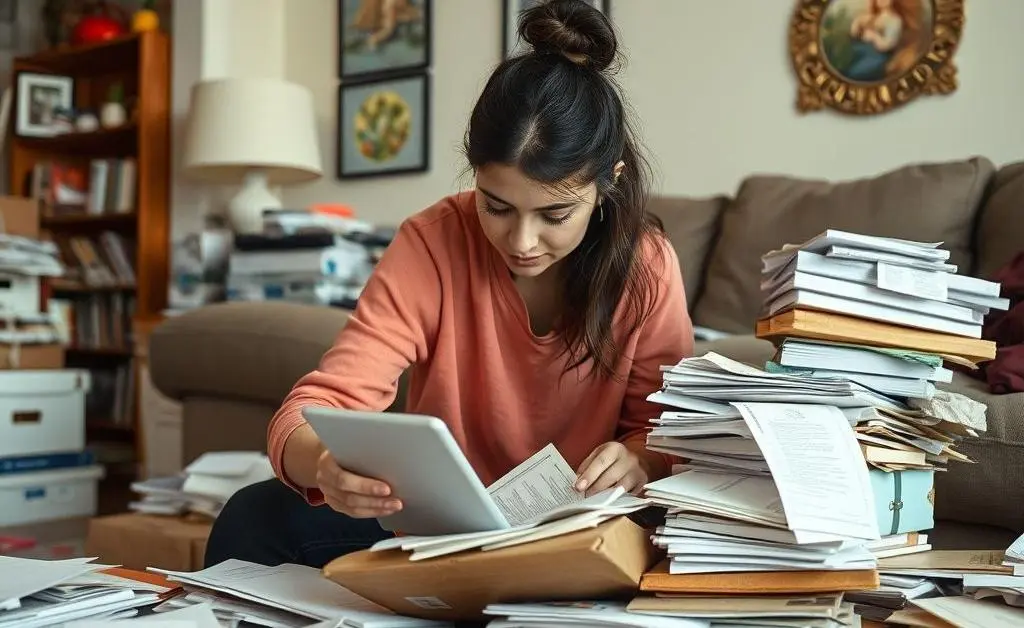 Mia digging through piles of packages and receipts in her living room