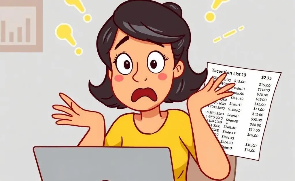 A woman hilariously shocked at an extensive list of transactions on her laptop