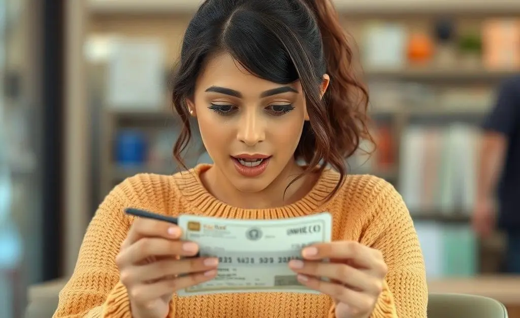 Mia, looking at her credit card bill with visible shock