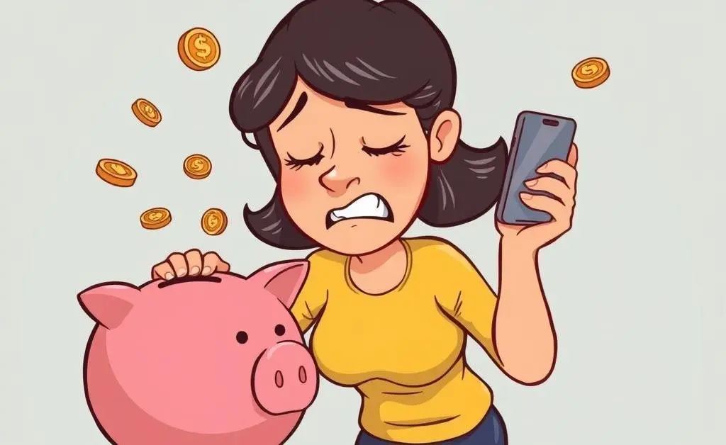 A woman struggles with her piggy bank for spare change as her phone alerts her of low balance