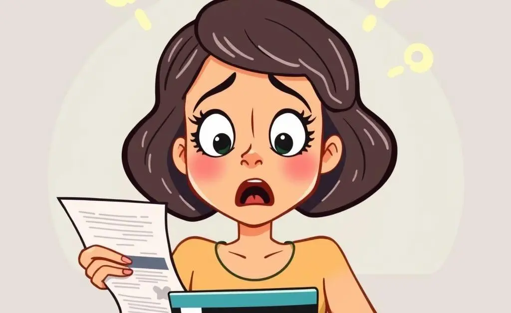 A cartoon woman shocked as she looks at her credit card bill