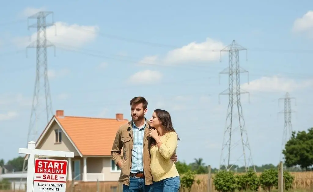 Couple visiting a real estate showing, visibly confused with electricity pylons in the background