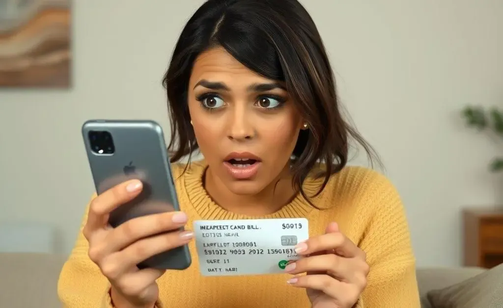 Mia looking shocked at her phone, showing an unexpected credit card bill