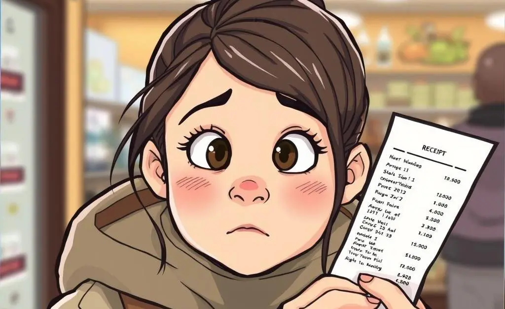Mia looking at a receipt with a puzzled expression