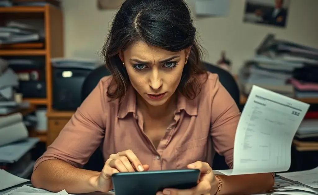 An overwhelmed woman looking anxiously at a calculator with bills scattered around her