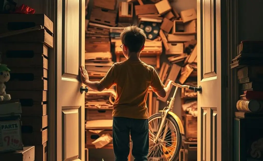 Sam steps inside only to stumble upon a trove of oddities — a unicycle in the hallway and crates labeled 'party hats' — an inheritance full of surprises!