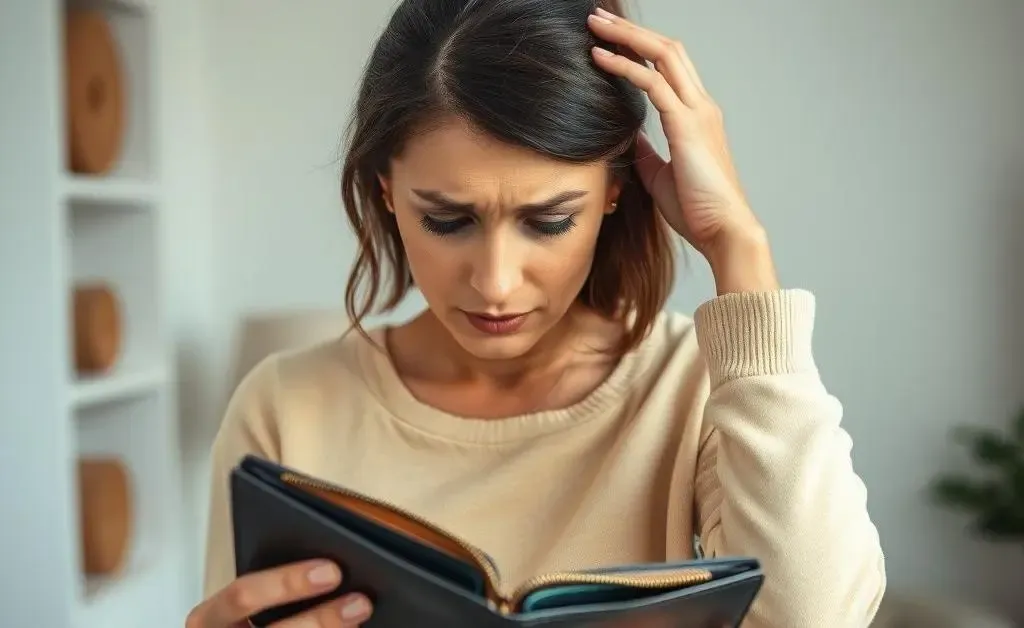 The same woman now looking at her empty wallet with a distressed expression, scratching her head.