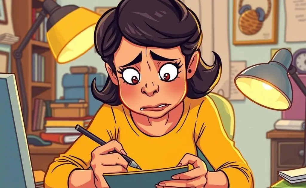 Woman calculating expenses on a notepad with stressed expression