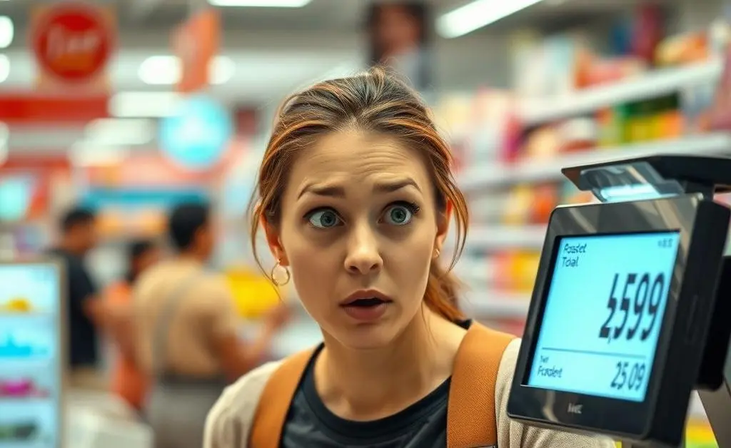 A woman at a store checkout, looking surprised by the high total shown on the register