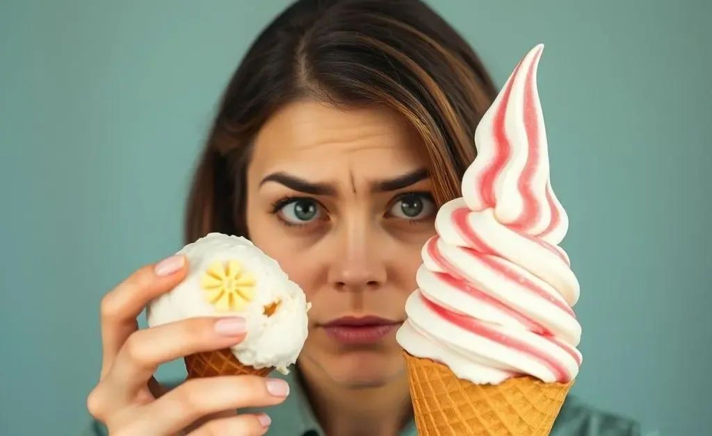 A woman eyes a large ice-cream cone, visibly torn between indulgence and her budget