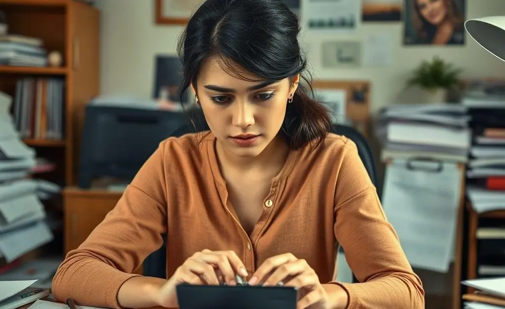 Mia sitting at her desk with a calculator