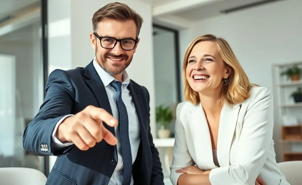 The man confidently gestures to a calculator, while the woman looks amused