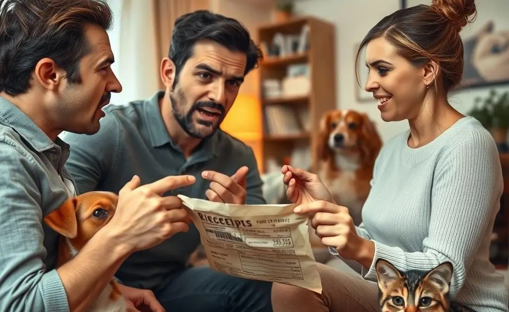 A couple arguing over a receipt, with pets looking bemused in the background