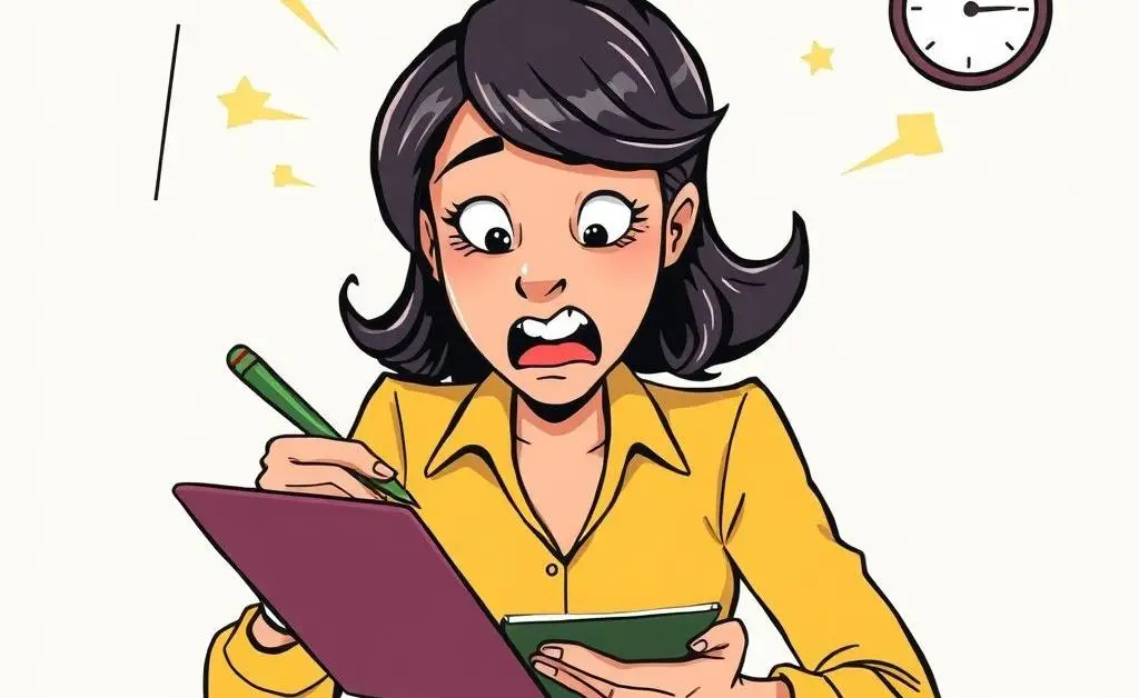 Mia frantically jotting down expenses on a notepad