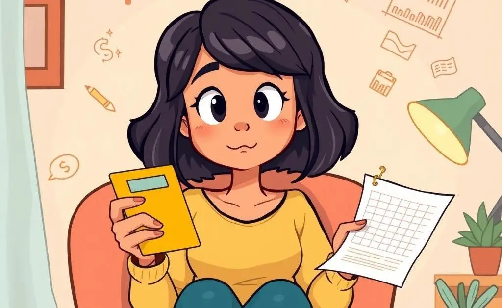 Mia contemplating her budget with a calculator and paper