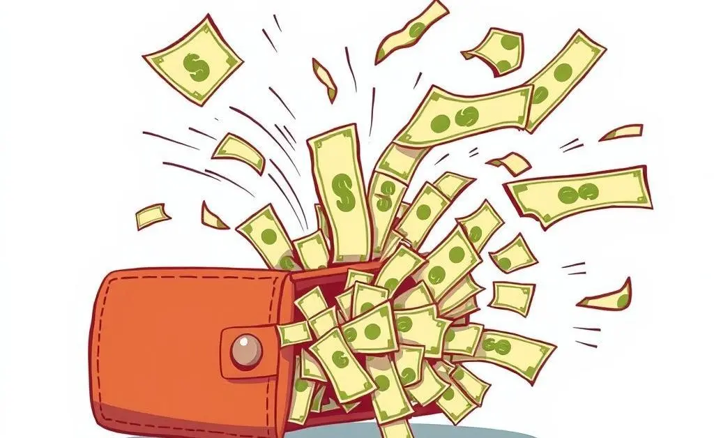 Cartoon depiction of wind blowing cash out of a wallet