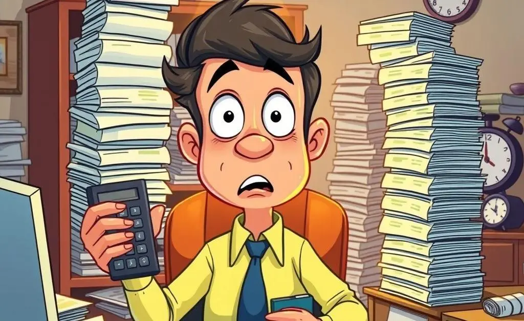 Cartoon husband at desk with calculator, stacks of bills, looking shocked