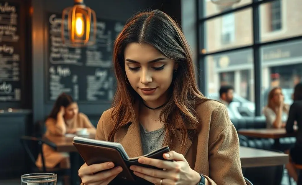 Mia at a coffee shop with an empty wallet