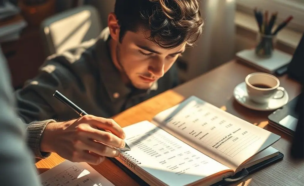 The image shows Alex creating a budget plan on a paper notepad