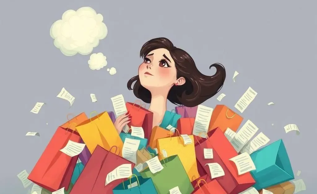 A thought bubble of Mia imagining herself drowning in shopping bags and receipts