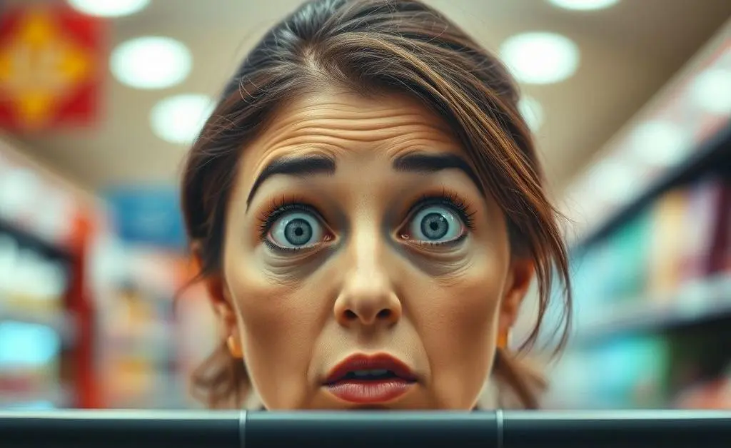 Julie’s eyes widen in shock as she sees her shopping cart total