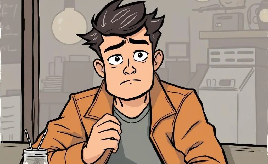 Max sitting at a cafe, looking guilty as he buys yet another overpriced coffee
