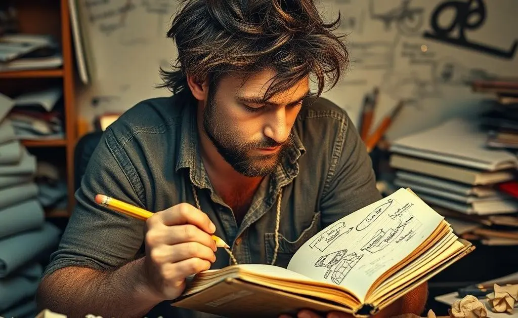 A disheveled man with a pencil behind his ear, surrounded by crumpled paper balls, doodling ideas on a notebook