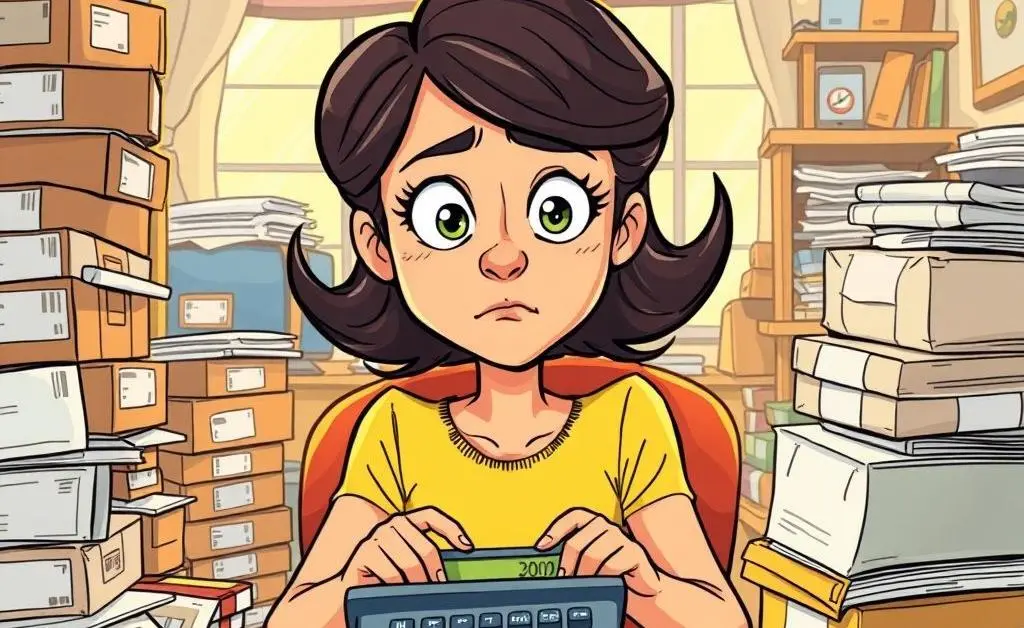 A woman sitting among parcels and a calculator with a worried expression