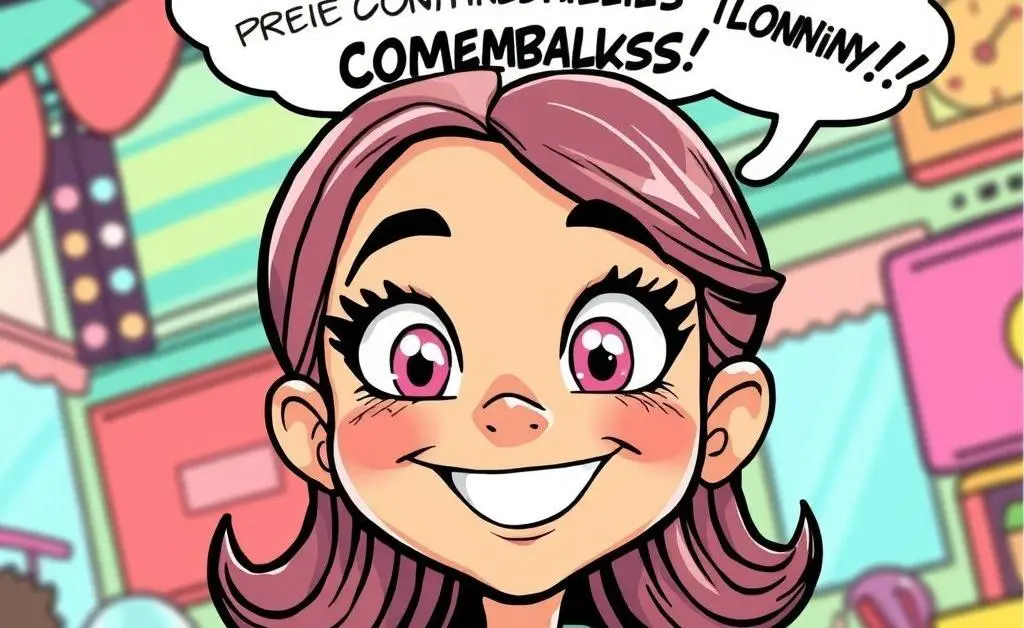A cartoon of Emma smiling, but thinking of creative comebacks in a thought bubble.