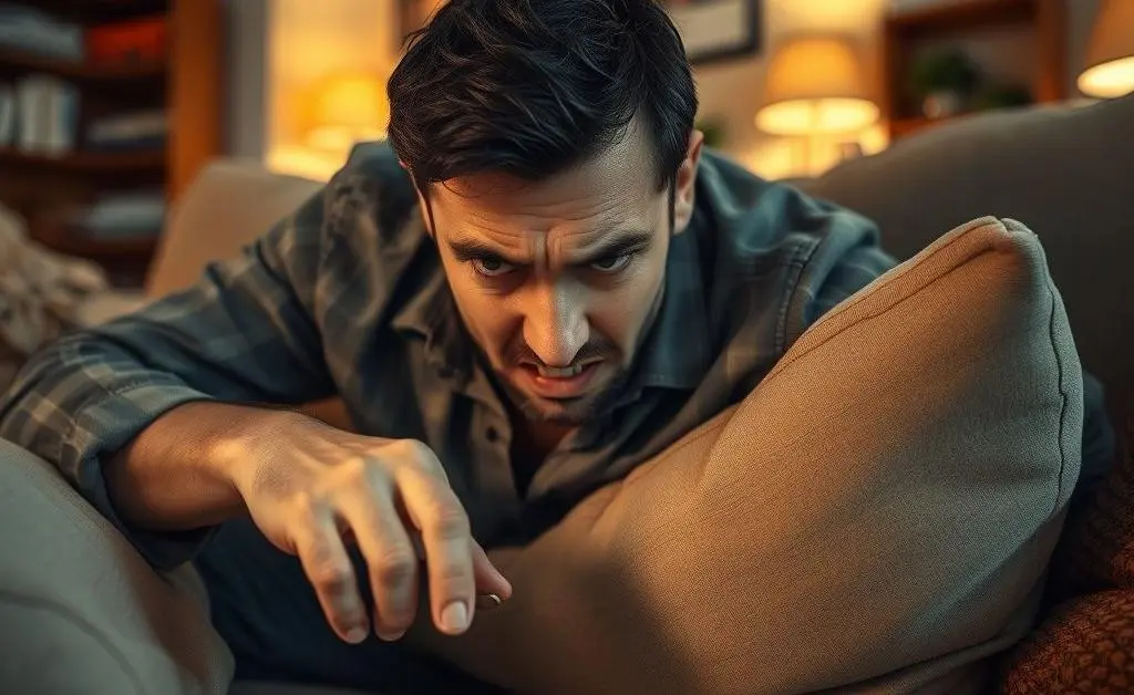 A frustrated man searching under couch cushions for loose change