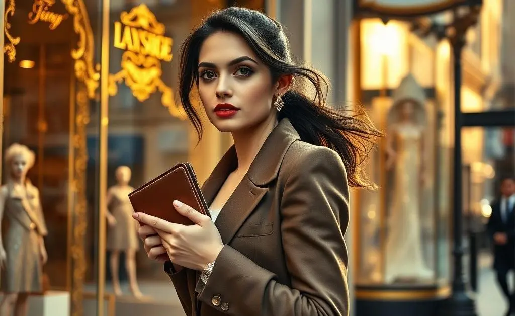 Mia walking past a luxury store, clutching her wallet with determination
