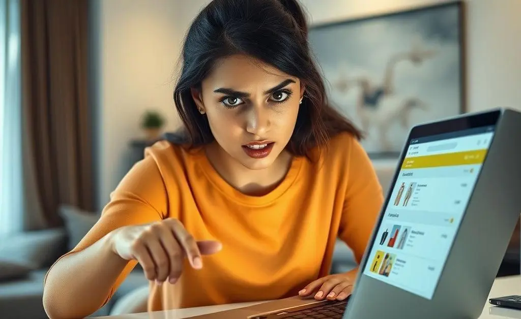 Mia frantically re-evaluating items in her online cart