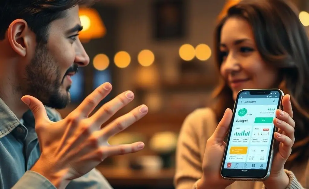A friend offering advice while holding a budgeting app